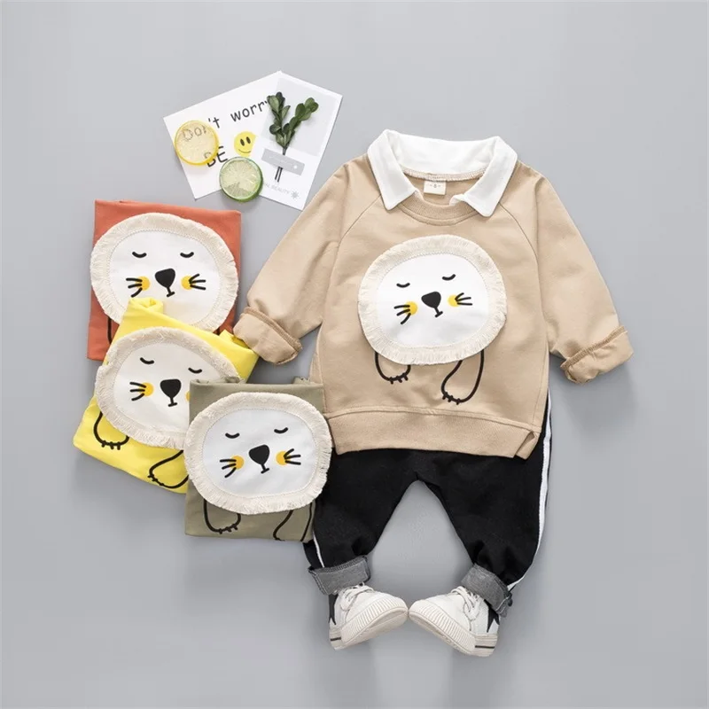 

New 2018 Baby Boy Girls Clothing Sets Spring Autumn Baby Leisure Fashion Cartoon Lion Shirt+pants Two-Piece Set Cotton Clothes