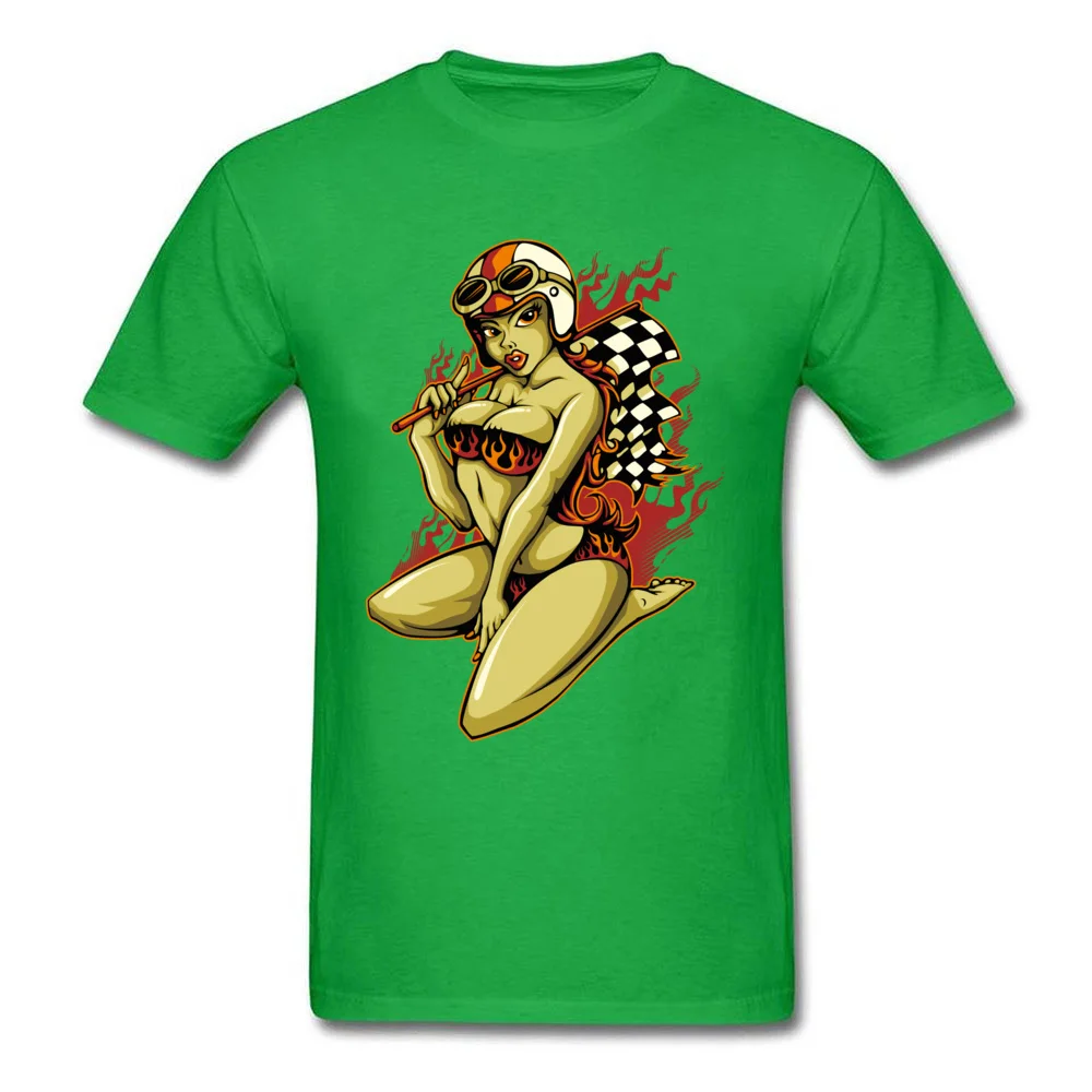 Printed On Tops & Tees Faddish O Neck comfortable Short Sleeve All Cotton Male T-shirts Personalized Tees Free Shipping Hot Pin Up Girl with Racing Flag green