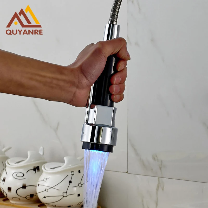 Polished Chrome LED Black Kitchen Faucet Pull Out Faucet Sprayer