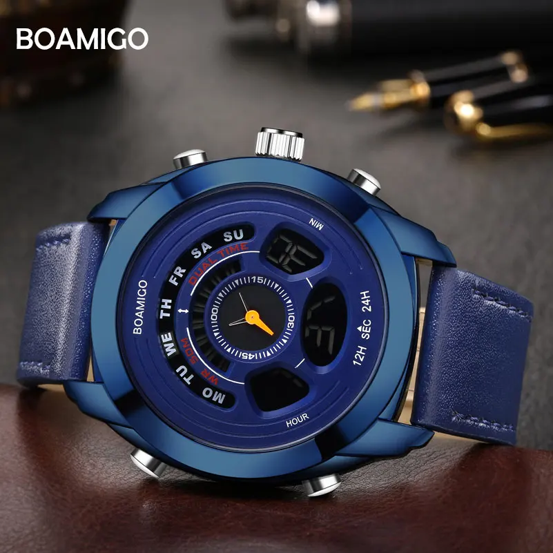 BOAMIGO العلامة التجارية الرجال الرياضة الساعات رجل الأزرق جلدية LED الرقمية الكوارتز المعصم 30 m مقاومة للماء ساعة حائط هدية Reloj هومبر