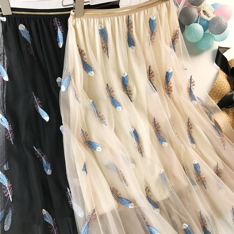 Wasteheart White Pink Women Skirts High Waist Ball Gown Feather Embroidery Ankle Length Skirt Chiffon Clothing Plus Size Wasteheart White Pink Women Skirts High Waist Ball Gown Feather Embroidery Ankle Length Skirt Chiffon Clothing Plus Size