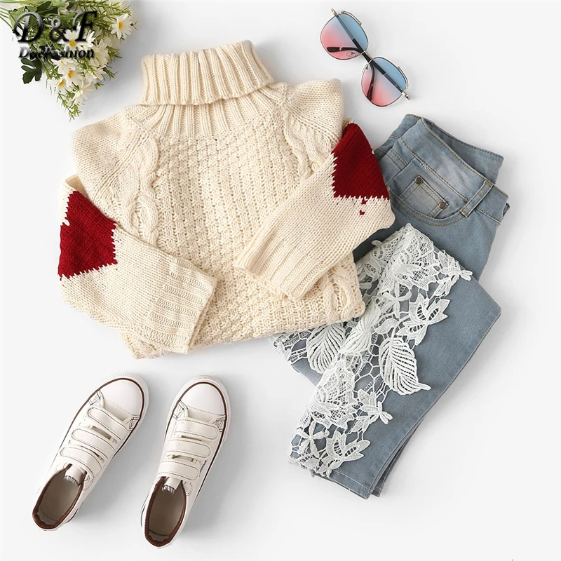 Achat Dotfashion Beige col haut coeur impression pull femmes décontracté automne hiver mode 2019 vêtements femme chandails et pulls