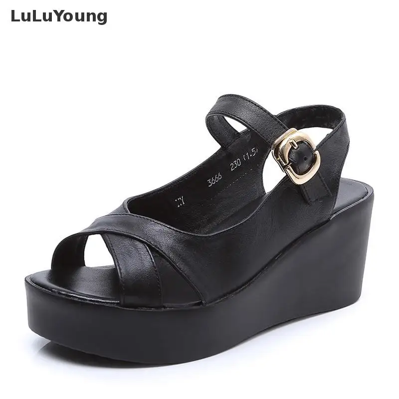 

Open-toe Breathable Genuine Leather Sandals Summer Shoes For Women With High Heels Wedges Leisure Leather Shoes