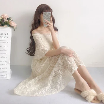 

Evening Party Slash Neck Flare Sleeve Summer Sexy Sweet Long Dresses Star Lace Bohemian Off The Shoulder Fresh Women Dresses