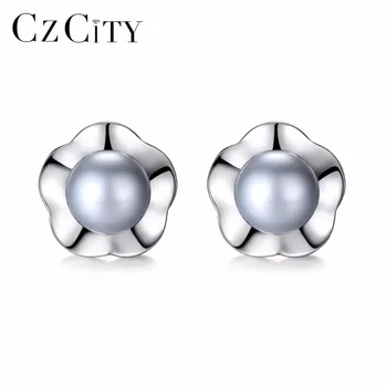 

CZCITY Genuine 925 Sterling Silver Pink Grey Natural Pearl Earrings for Women Knot Flower Stud Earrings Wedding Jewelry Brincos
