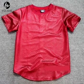 

Summer side zipper Men Tyga plaid Black New short Sleeve T shirt Faux Leather men hip hop clothing Kanye Tee