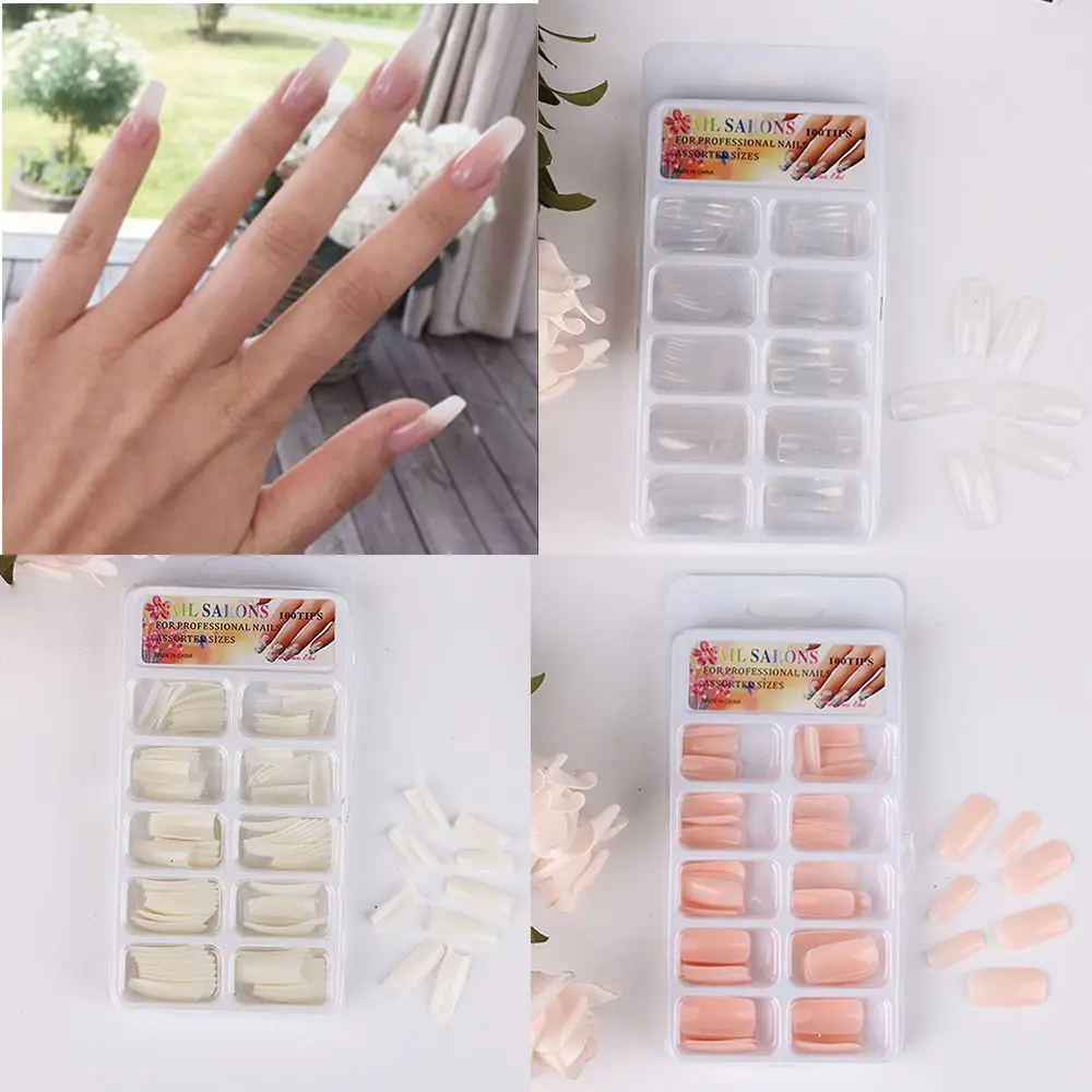 100 шт прозрачные акриловые накладные ногти светло-розовые французские накладные ногти DIY дизайн ногтей квадрат полный обертывание маникюрный продукт с клеем, стикер