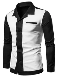 Мужская однотонная Повседневная рубашка с цветным блоком и карманом на груди, рубашка с отложным воротником и длинным рукавом, мужская