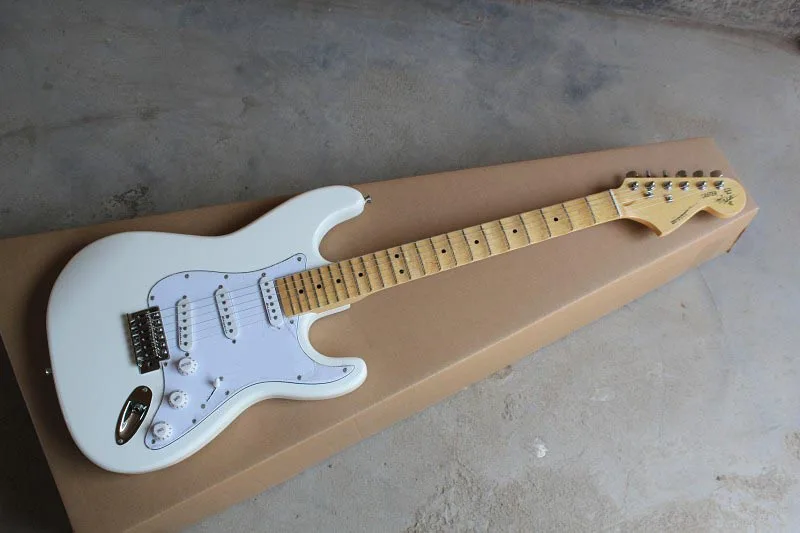 

Free shipping Classic Maple Groove fingerboard With synchrnized tremolo Big headstock signature white ST Electric Guitar-15-9