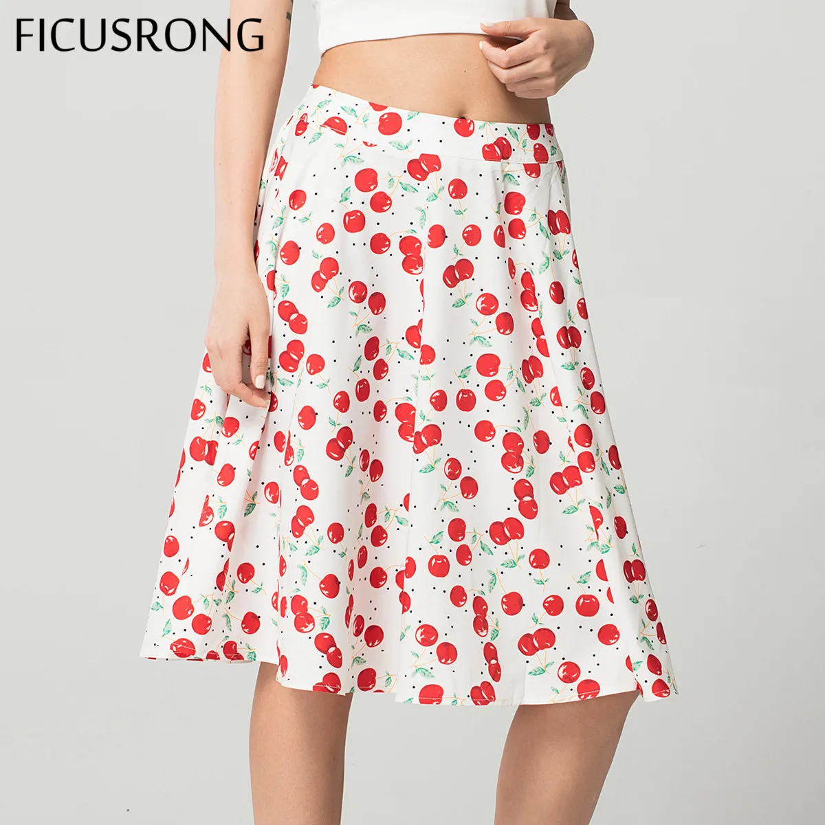 Summer Women Casual High Quality Sweet Skirt Fashion Cherry Print Streetwear Knee-Length Vintage Pleated Skirt FICUSRONG