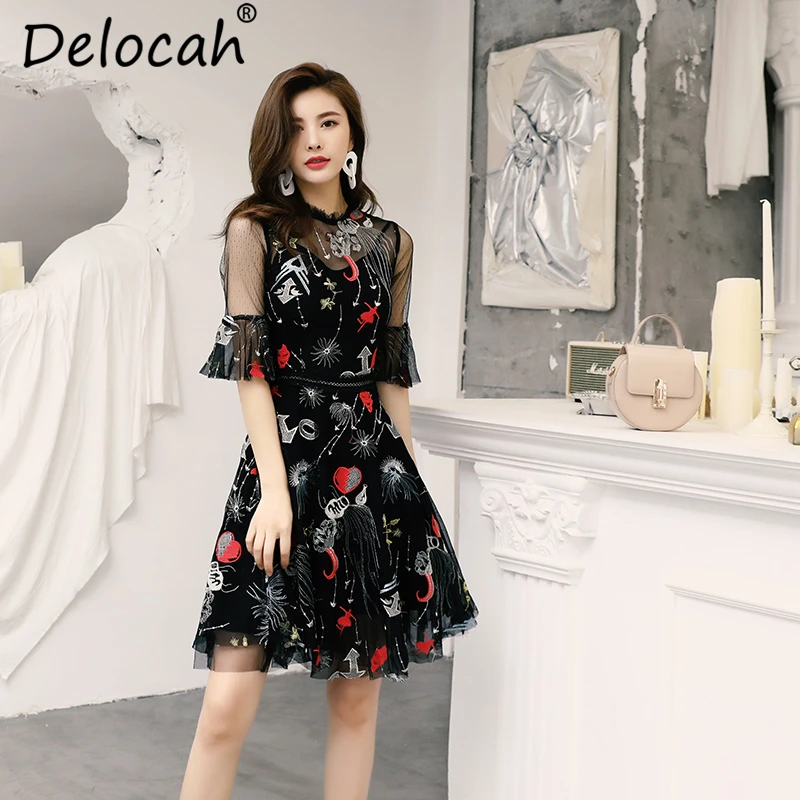 

Delocah Women Summer Mesh Dress Runway Fashion Flare Sleeve Flower Embroidery Hollow Out High Waist Elegant Vintage Party Dress
