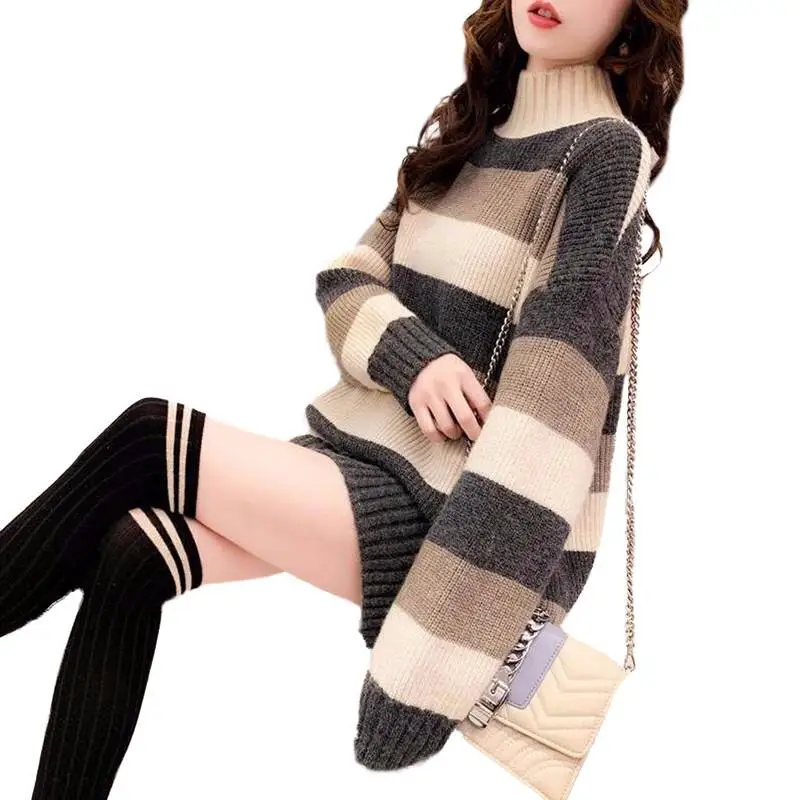

2019 Autumn Winter Women Turtleneck Knitted Sweater Dress Female Striped Pullover Dress Elegant Casual Warm Dress Vestidos V444
