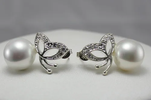 

wholesale fashion jewelry Elegant white 8mm shell pearl with butterfly silver plated Earring #204