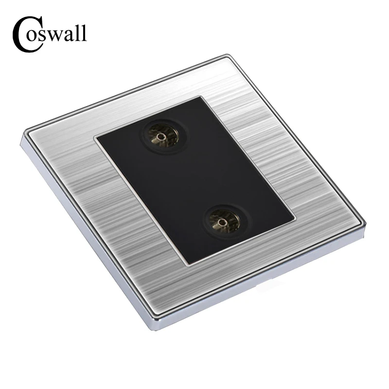 

COSWALL Double TV Luxury Wall Socket Power Outlet Enchufe Stainless Steel Brushed Silver Panel Electrical Plug Soquete