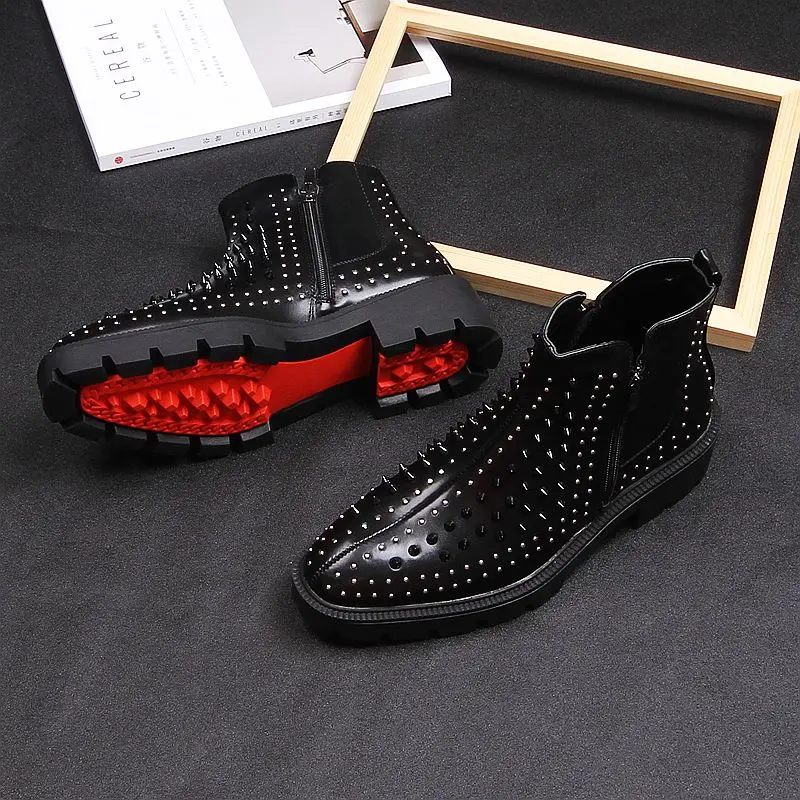

2019 Men British Casual High Leather Rivet Short Boots Korean Trend Martin High heels Thick Man Black Stage Party Boots