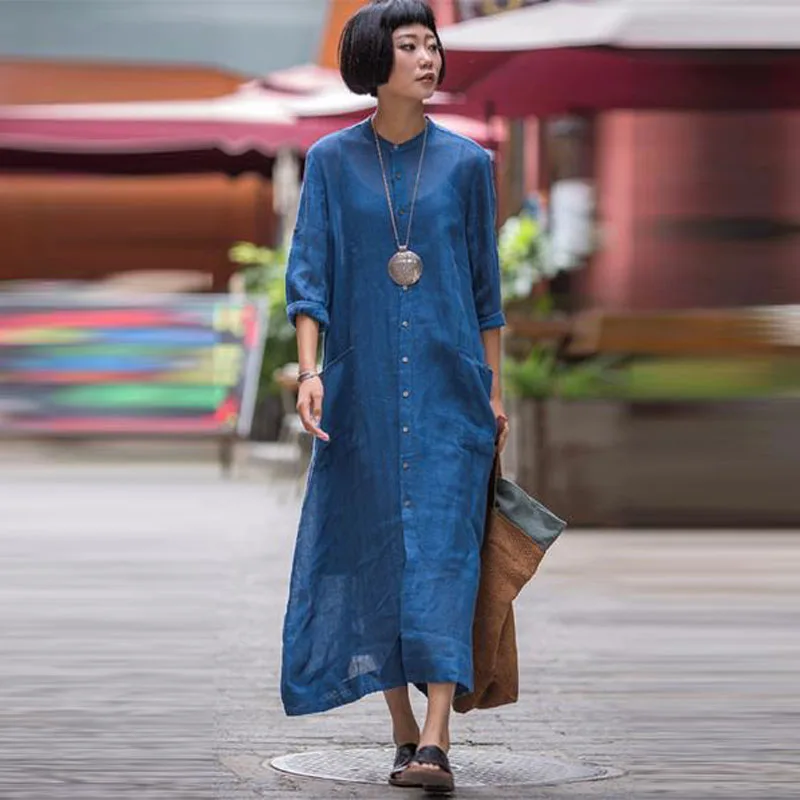 

Spring Office Lady Pullover Mid-Calf Dress Adjustable Long Sleeve O Neck Buttons Pockets Kaftan Cotton Linen Solid Brief Vestido