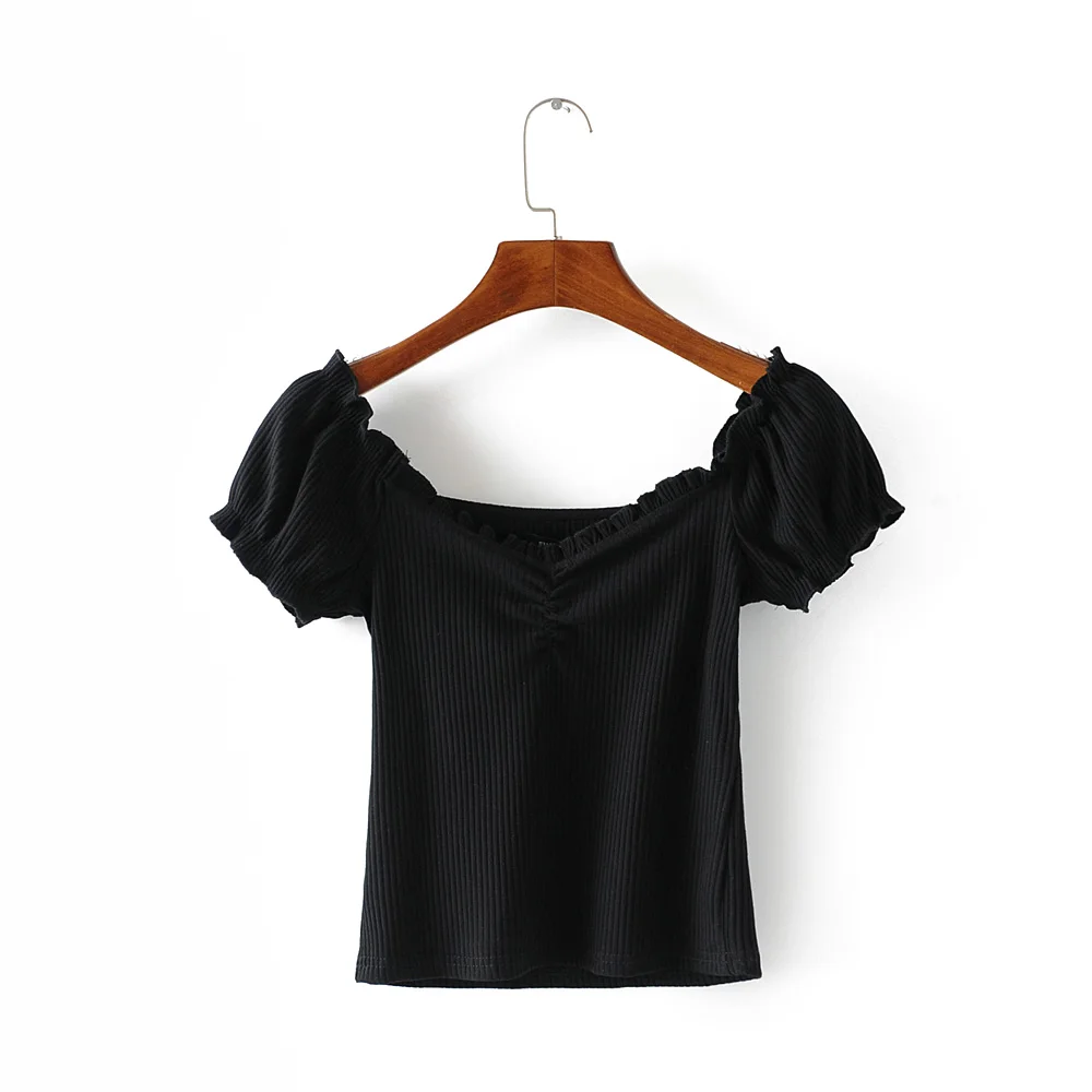 Винтажный летний квадратный вырез с пышными рукавами с рюшами, женские футболки с милым вырезом, ластичный борт с оборкой, милые приталенные футболки - Цвет: Черный
