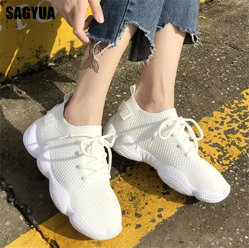 

New elasticity Socks shoes women Mesh Breathable Flat Platform Sneakers Ladies lace up Casual Shoes Comfort Daddy shoes A225