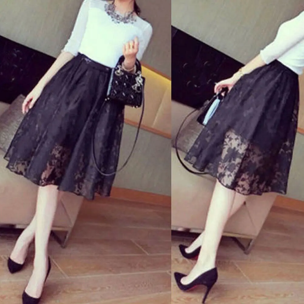 

2019 summer black Flower embroidered lace Women Ladies Tulle Mesh Skirt Elastic High Waist Midi Floral Lace Pettiskirt