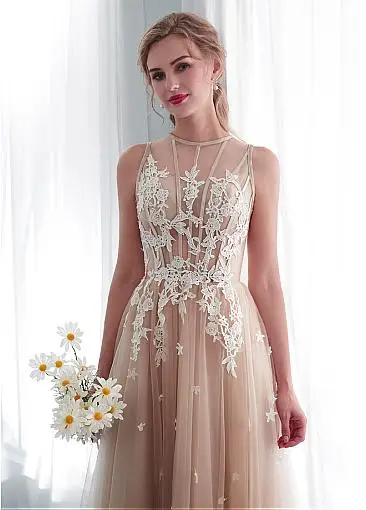 Тонкое Тюлевое украшение декольте Прозрачный лиф А-силуэт свадебное платье с кружевной аппликацией темно-цвета шампанского свадебное платье