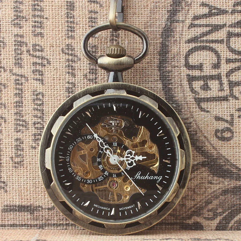 Steampunk Classic Bronze Skeleton Mechanical Pocket Watch White Roman