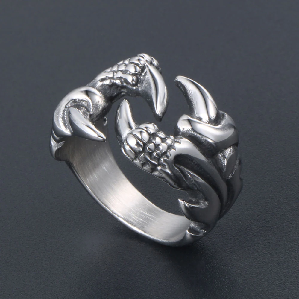 Hiphop Dragon Claw Mens Rings Cool Stainless Steel Man Open Ring Punk