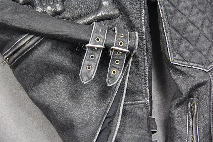 Мужская винтажная черная мотоциклетная кожаная куртка с черепами, черный стоячий воротник, настоящая воловья кожа, потеря продаж, больше не продано