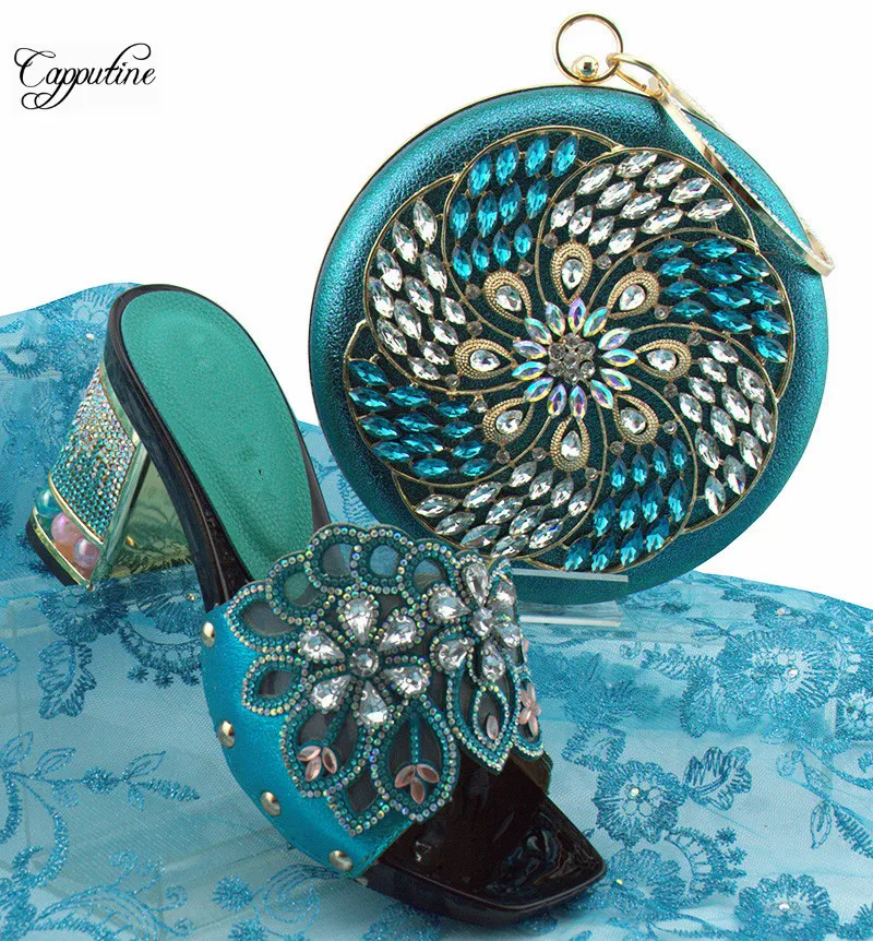 

Latest lady high heel slipper shoes and evening bag set with stones for party QSL002 in sky blue