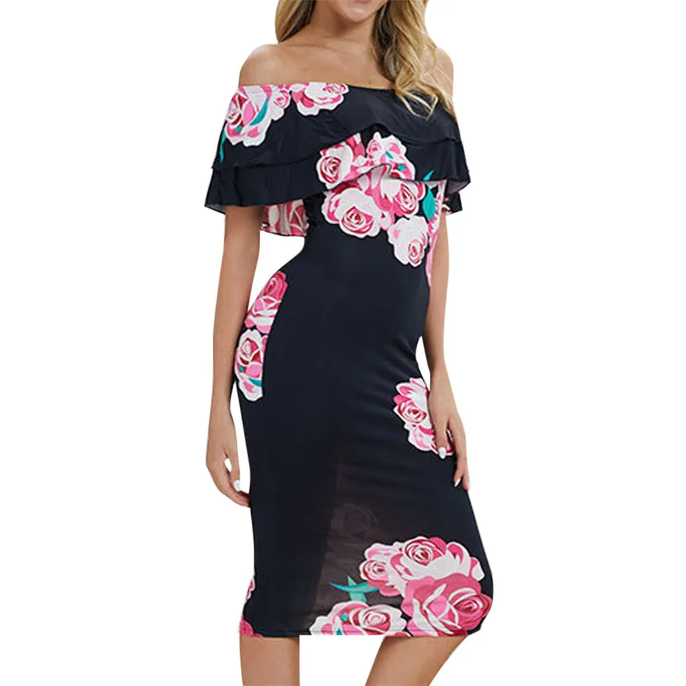 

JAYCOSIN Women's Clothing Sexy Slash Neck Short Sleeve Sheath Dress Ladies Fashion Casual Flower Print Off Shoulder Beach Dress