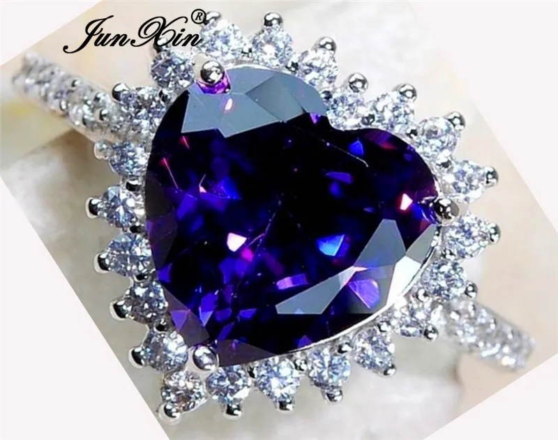 JUNXIN Luxury Brand Big Heart Stone Purple Rings For Women 925 Sterling Silver Filled Feb Birthstone Bridal Engagement Ring CZ