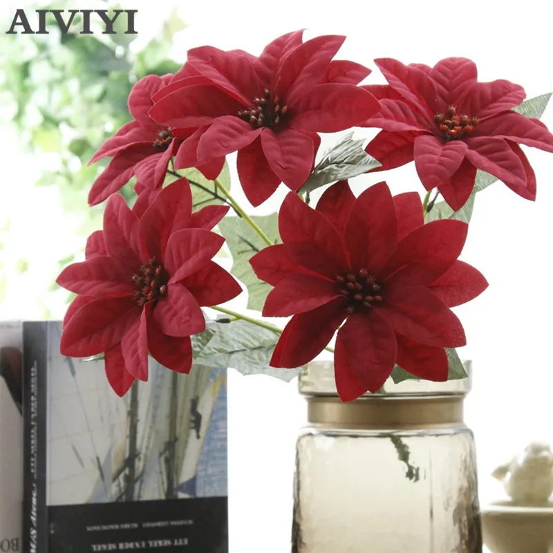 

Real Touch Flannel Artificial Christmas Flowers Red Poinsettia Bushes Bouquets Xmas Tree Ornaments Centerpiece