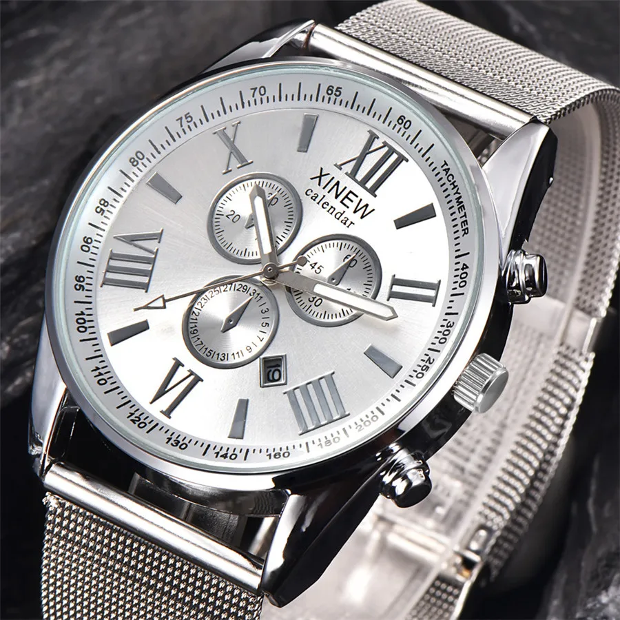 

Luxury Watch Men Mesh Multifunction Day Stainless Steel Quartz Wrist Watch Male Clock reloj hombre relogio masculino @5