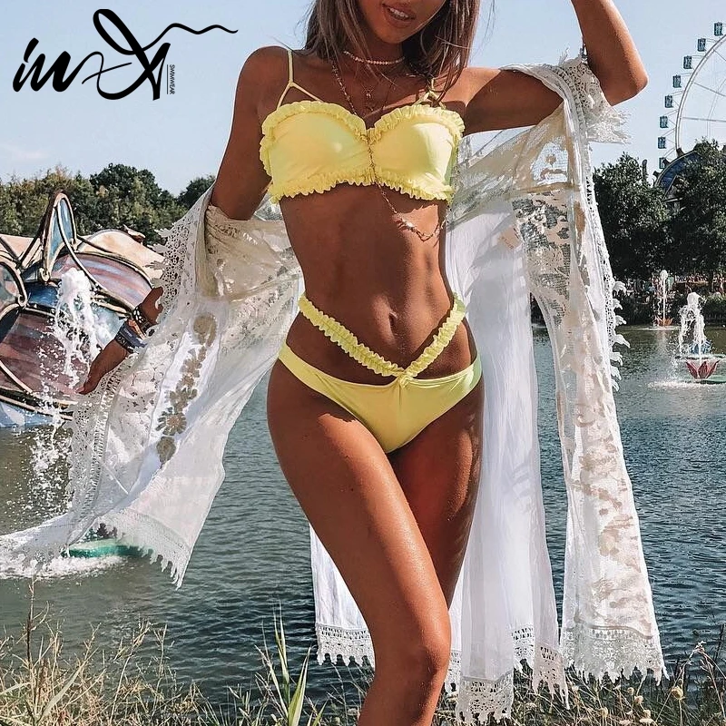 

In-X Sexy bikini 2019 Ruffle swimwear women Bandeau swimming suit Push up swimsuit Yellow bathing suit Summer beach wear biquini
