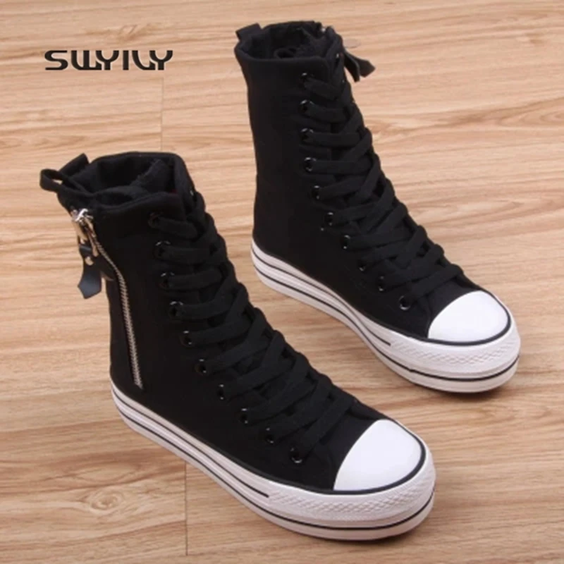

SWYIVY Zip High-top Women Skateboarding Shoes 2018 Spring Autumn Canvas Platform Women Sneakers Height Increasing Women Shoes