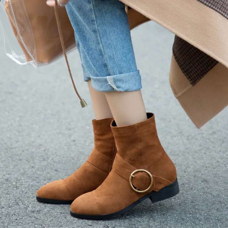 

Big Size 11 12 13 Suede round head square heel thick heel side zipper metal decorative short canister Martin boots