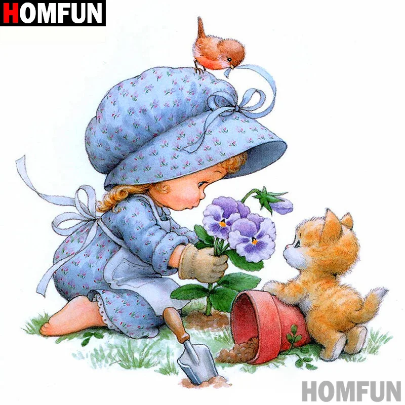 

HOMFUN Full Square/Round Drill 5D DIY Diamond Painting "Baby cat flower" 3D Diamond Embroidery Cross Stitch Home Decor A19952