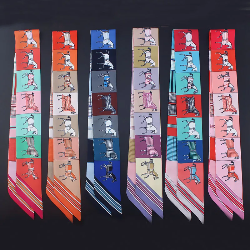 

Horse Pattern New Arrival Print Lady Silk Feeling Riband Scarves Bags Scarf Small Long Ribbon Hair Band Bandeaus Clothing Match