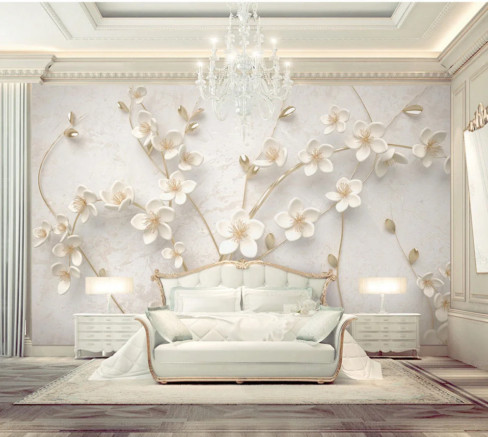 Bacaz Custom 8d Emboss Texture White Flower Wallpaper Mural for Walls Bedroom 3D Flower Wall papers 3d Wall Decoration stickers Bacaz Custom 8d Emboss Texture White Flower Wallpaper Mural for Walls Bedroom 3D Flower Wall papers 3d Wall Decoration stickers