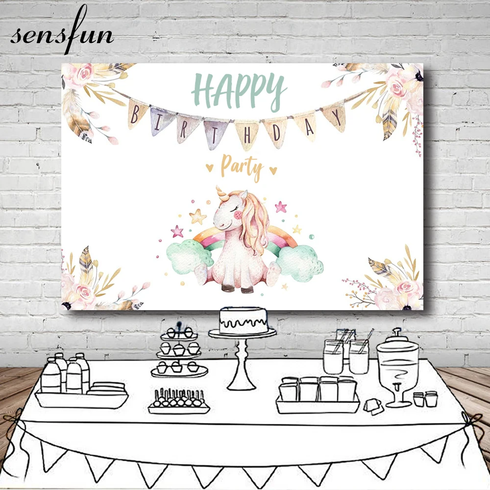Sensfun мультфильм Единорог вечевечерние фон для детей цветы флажки Радуга