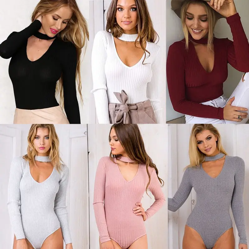 

New Women V Neck Long Sleeve Bodycon Bandage Bodysuit Jumpsuit Slim Short Romper