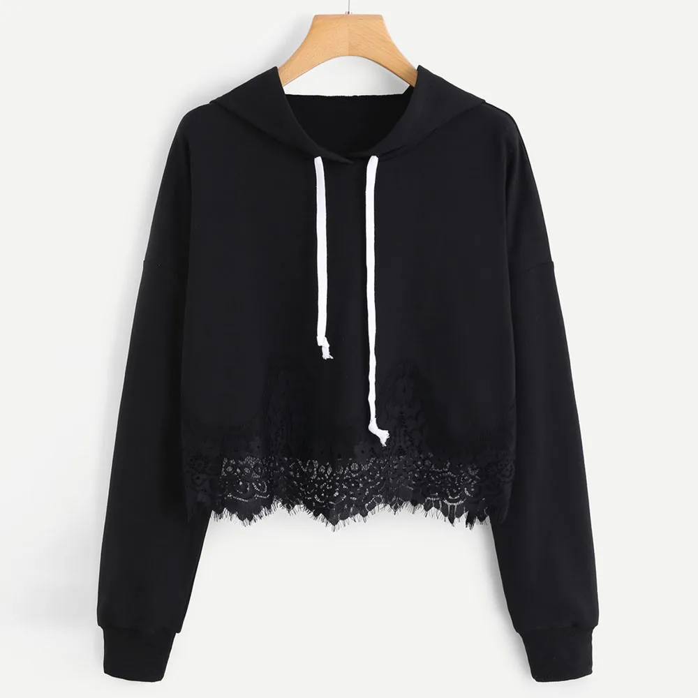 

Hoodies Women Lace solid Long Sleeve White Black Hoodie 2019 Sweatshirts Short White Pullover Long Tops Shirt busos TT