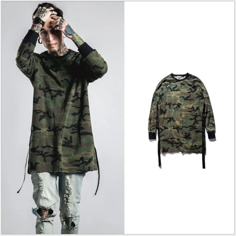 

2017 new Camouflage Long sleeves T shirt hip hop swag street urban Men's longline high quality OVERSIZE t shirt men camo tee