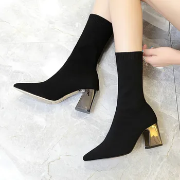 

2019 autumn new thin legs stretch socks short women boots knitted wool pointed high-heeled female boot slim black shoes woman