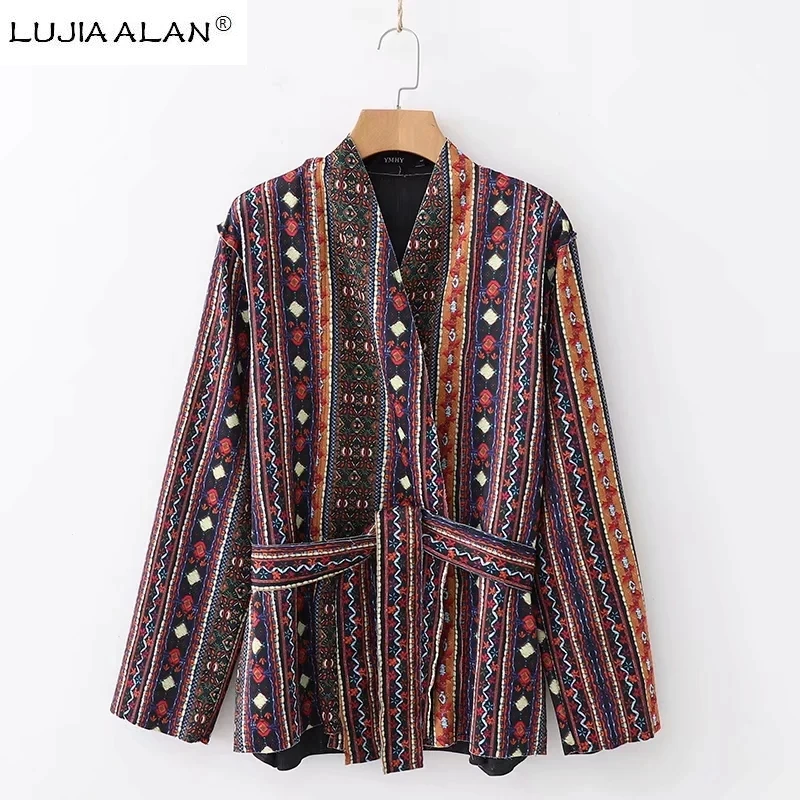 

LUJIA ALAN fashion women retro printing sashes kimono jacket casual lady long sleeve coat autumn elegant loose tops LC1102