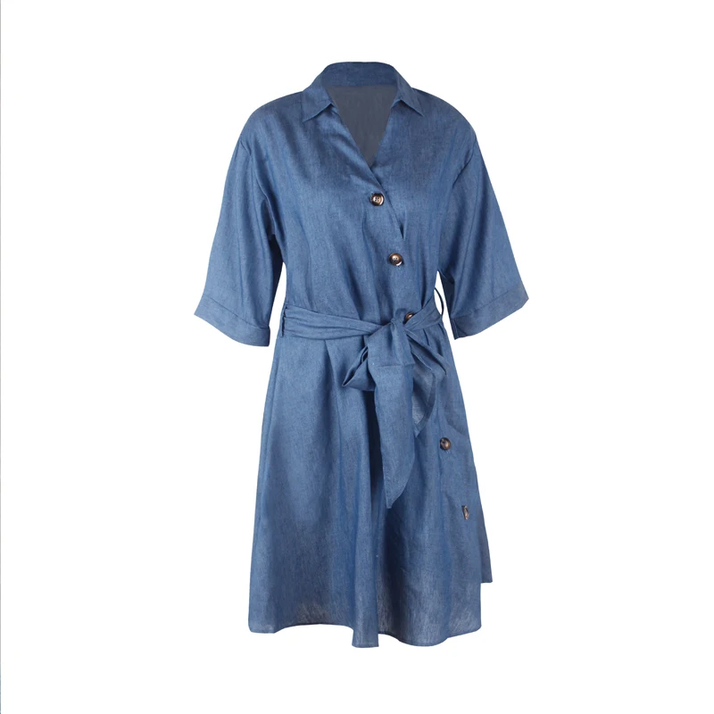 Autumn Fashion Demin Jean Bandage Dresses Turn-Down Collar Shirt Dresses Tunic Button OL Style Robes Feminina SJ028U