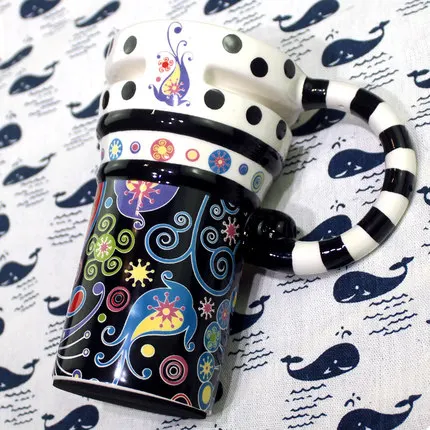 Креативная модная расписная керамическая кружка с крышкой с ложкой, чашка для чая, кофе, молока, пары, милые подарки для влюбленных, посуда для напитков с большой вместимостью - Цвет: 7