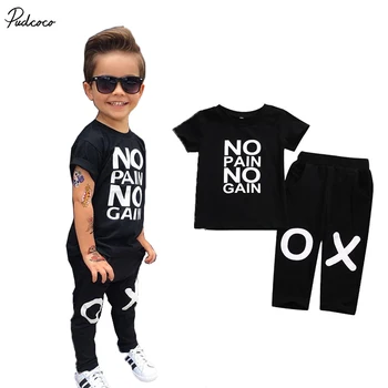 

Cool Baby Boy Kids Clothes No Pain No Gain Print Tops T-shirt Short Sleeve + Pants Casual 2pcs Outfits Set Summer Kids Clothing