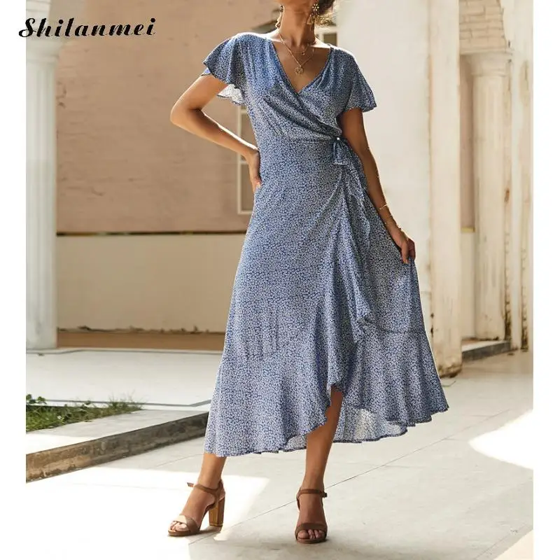 

Summer Dress 2019 Fashion Sexy Deep V-neck Short Sleeve Long Maxi Dress Women Lady Party New Arrival Boho Dot Print Beach Style