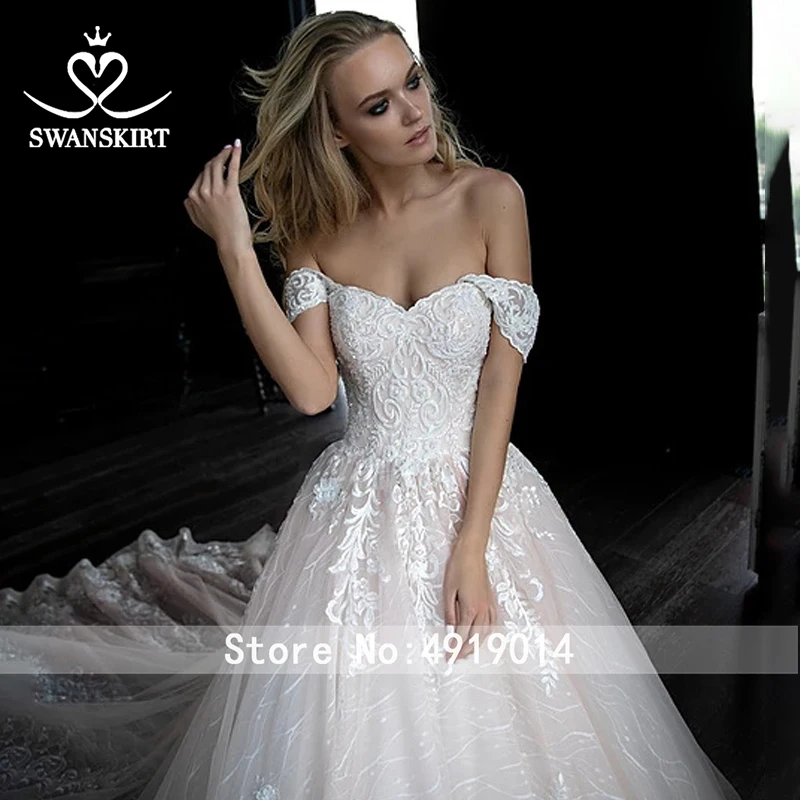 Модное свадебное платье, расшитое бисером, Vestido de novia,, Swanskirt, с открытыми плечами, с аппликацией, бальное платье, свадебное платье с часовней и шлейфом, HZ03