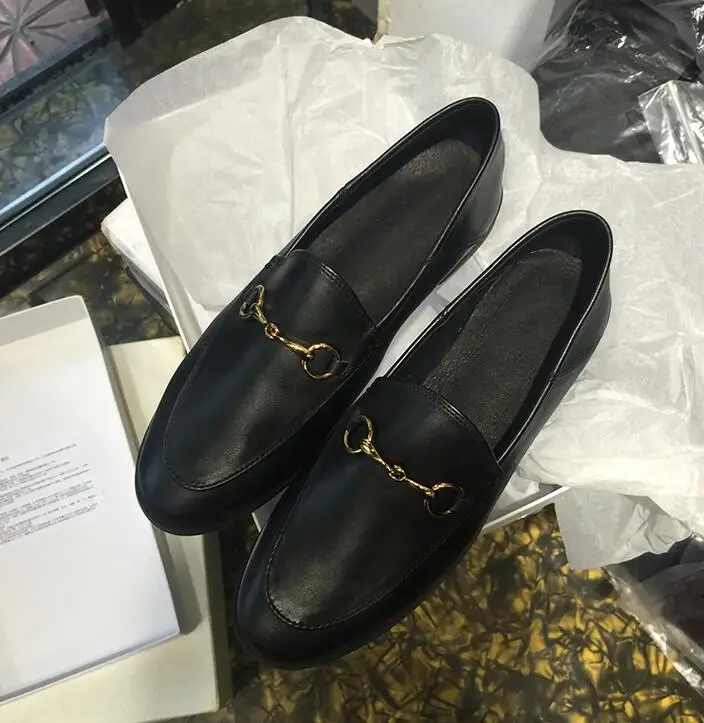 

2019 retro two-wear loafers black shoes metal buckle cow leather flat sjpes women's single shoes leather shoes semi-slippers